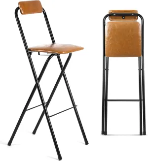 1 Pcs 29.5'' Folding Bar Stool with Back Tall Brown Leather Folding Stool Cushioned Padded Folding Counter Height Stool Collapsible Portable Barstools for Adults Kitchen Cafe Guitar