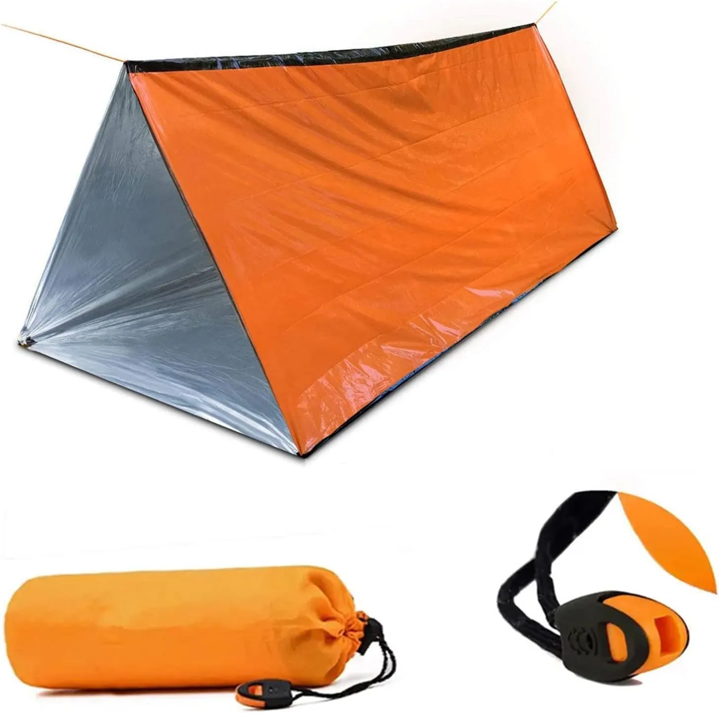 1 Piece Survival Shelter, Polyester Film Emergency Tent Survival Kit with String Bundle Pocket Whistle for Hiking, Car Camping（Orange）