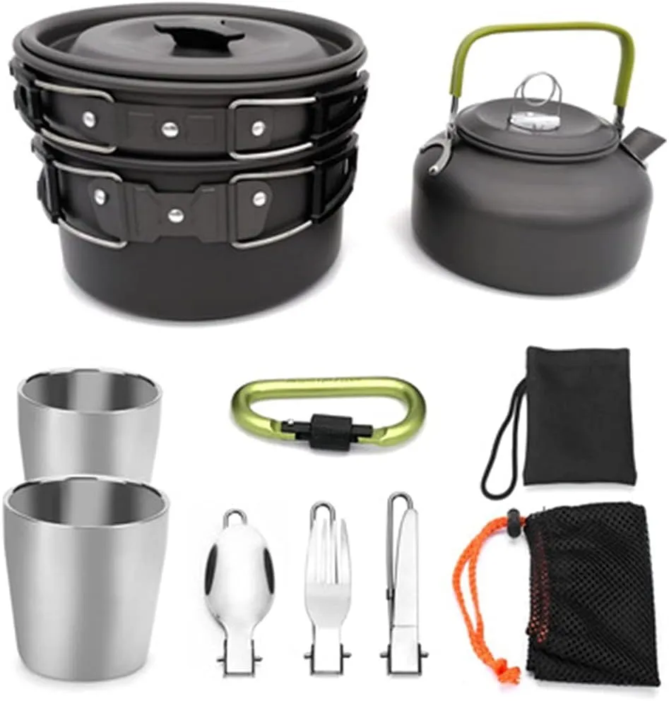 1 Set Outdoor Pots Pans Camping Cookware Picnic Cooking Set Non-Stick Tableware with Foldable Spoon Fork Kettle Cup