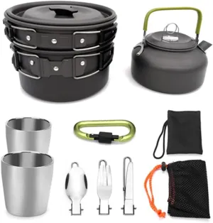 1 Set Outdoor Pots Pans Camping Cookware Picnic Cooking Set Non-Stick Tableware with Foldable Spoon Fork Kettle Cup