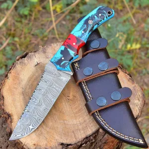 10 Inches Handmade Damascus Steel Knife With Leather Sheath Full Tang Hunting Skinner Fixed Blade knife Resin Handle HR-128