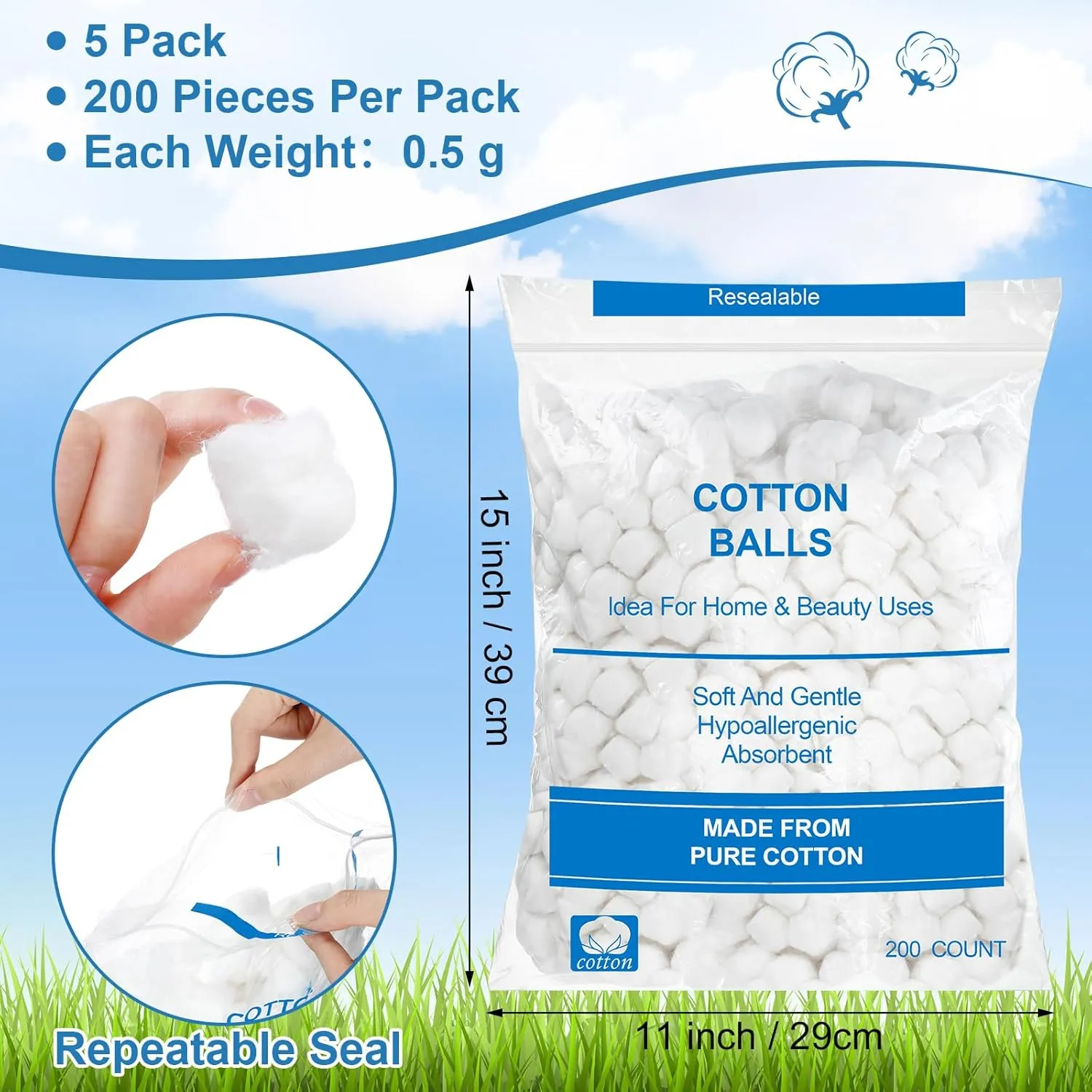 1000 Pcs Soft Cotton Ball Bulk Organic Medium Cotton Ball for Absorbent Multipurpose Pure Nail Polish Remover Makeup Removal First Aid Face Crafting Cleaning Skin Applying Lotion