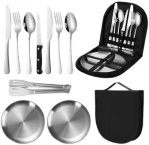 10Pcs Outdoor Camping Cutlery Organizer Utensil Picnic portable Set Stainless Steel Plate Spoon Knife Fork Tongs Hiking