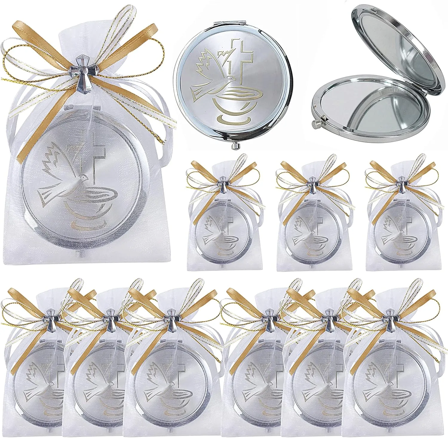 12 Pcs Baptism Compact Mirror Favor -First Communion/Bautizo Recuerdos/Holy Spirit Makeup Compact with Decorated Pouch for Girl Girl