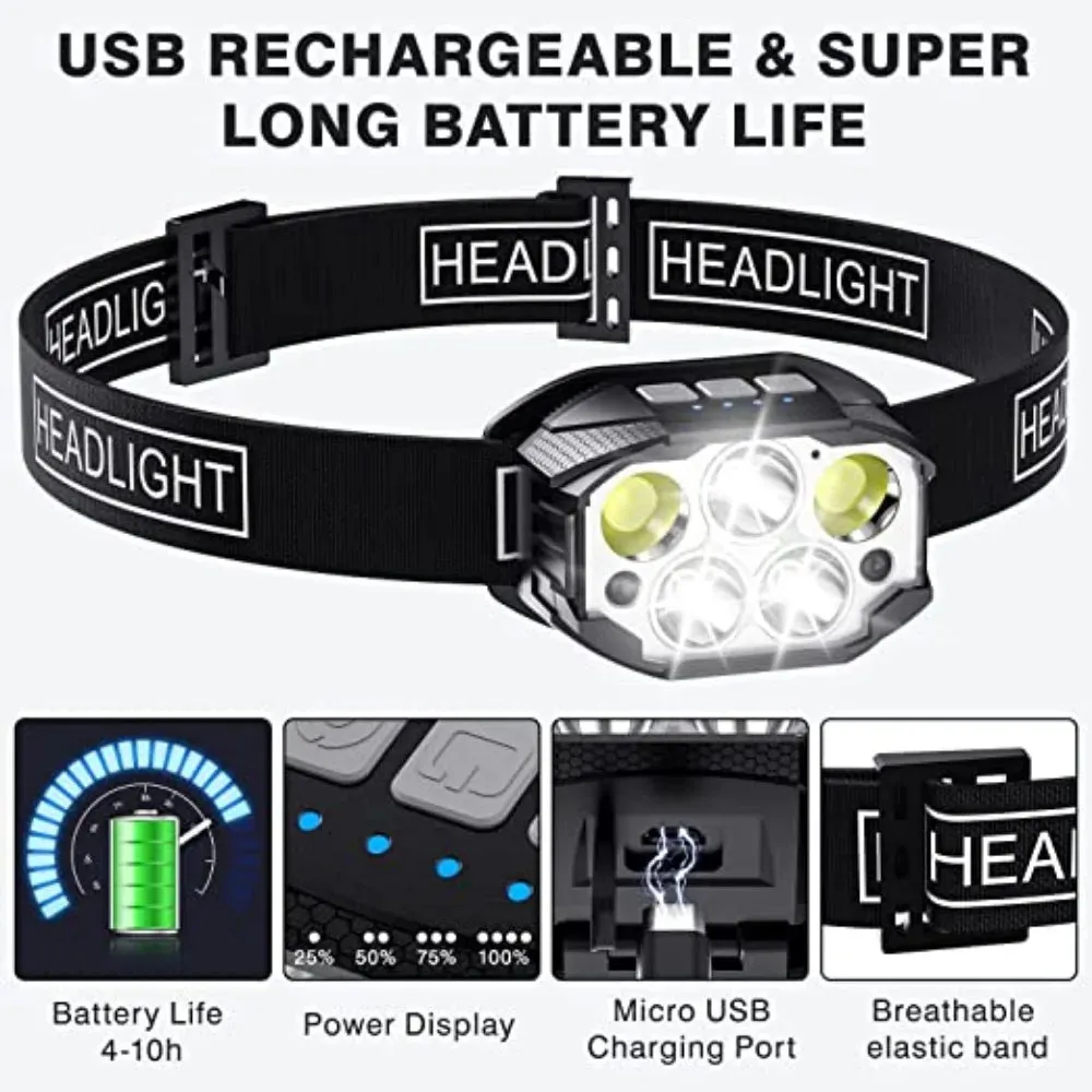 1200 Lumen LED Rechargeable Headlamp, Motion Sensor, Waterproof Headlight, 360° Beam Angle, Outdoor Camping and Fishing Head Lamp