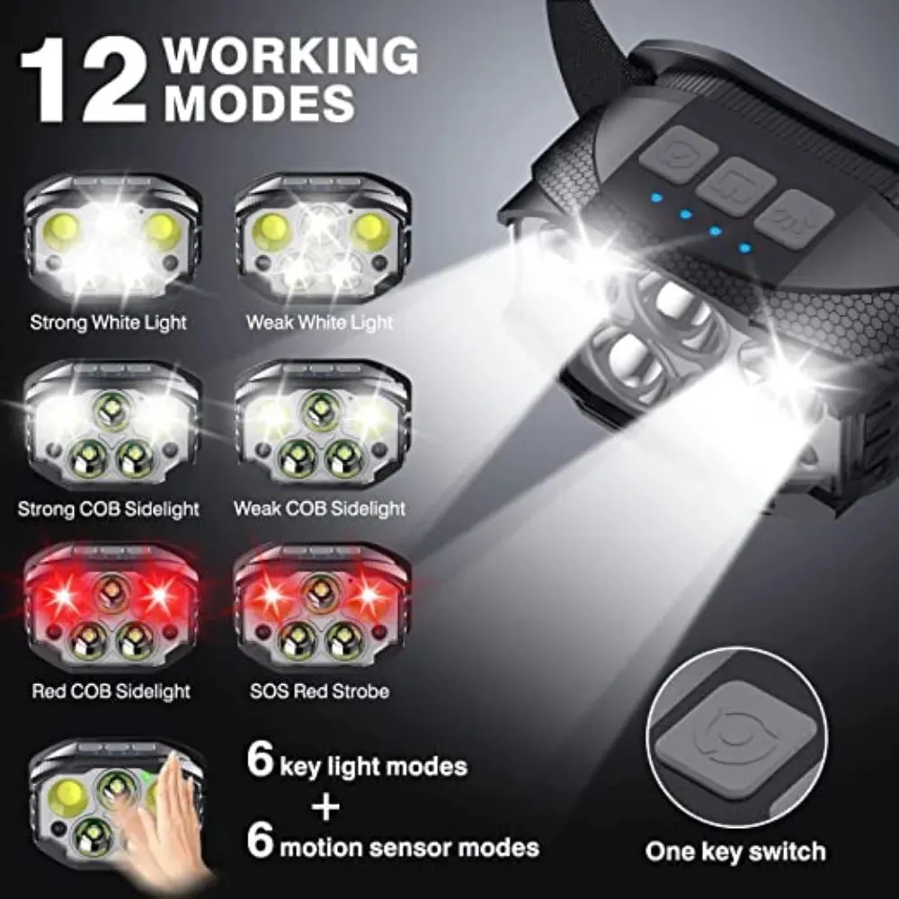 1200 Lumen LED Rechargeable Headlamp, Motion Sensor, Waterproof Headlight, 360° Beam Angle, Outdoor Camping and Fishing Head Lamp