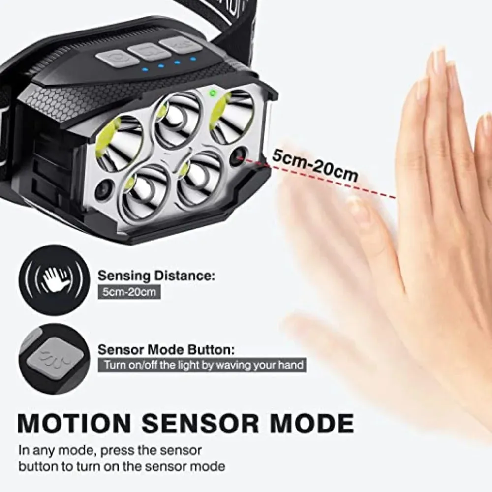 1200 Lumen LED Rechargeable Headlamp, Motion Sensor, Waterproof Headlight, 360° Beam Angle, Outdoor Camping and Fishing Head Lamp