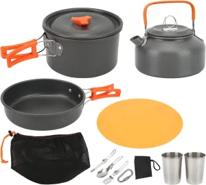 14 Pcs Camping Cookware Mess Kit, Non Stick Pot and Pan Set, with Stainless Steel Cups Plates Forks Knives Spoons for Camping, Backpacking, Outdoor Cooking and Picnic
