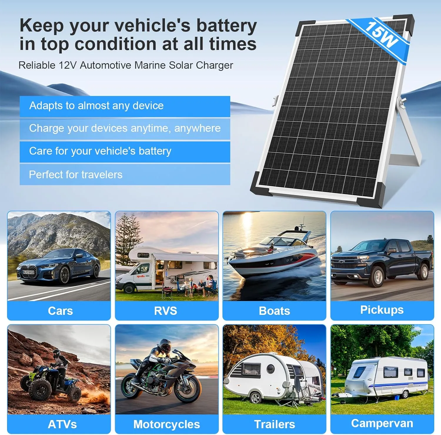 15W 12V Solar Panel Kit, High Efficiency Solar Trickle Charger & Solar Battery Maintainer   Intelligent Charge Controller, Solar Battery Trickle Charger Maintainer for Boat Car RV Motorcycle