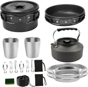 1set Outdoor Camping Cookware Person Multipurpose Cooking Utensils Non-Stick Cookers for Hiking and Picnics Portable Kitchenware Folding Handle