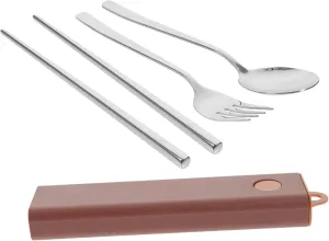 1set Portable Metal Tableware Set Travel Utensil Kit Chopsticks Fork Spoon Case for Outdoor Dining Easy to Clean