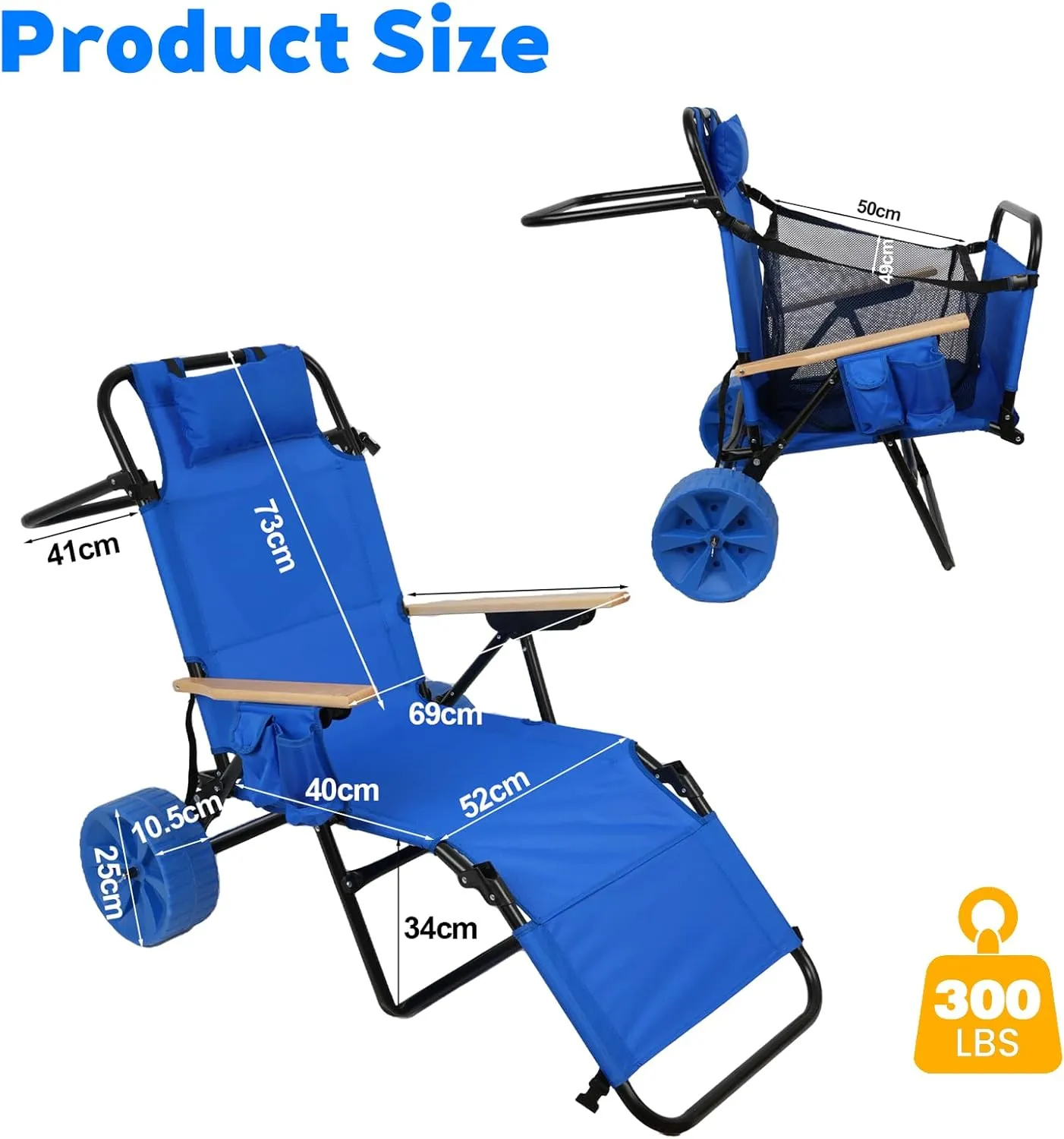 2 in 1 Beach Chair, Beach Cart Chairs with Wheels, Folding Tanning Lounge Chair with Integrated Wagon Pull Cart, for Patio Backyard Pool or Picnic (Light Blue)