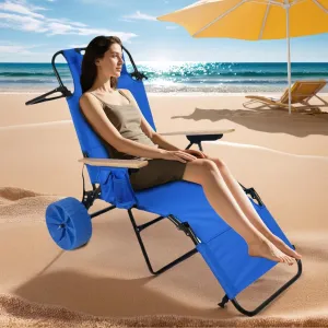 2 in 1 Beach Chair, Beach Cart Chairs with Wheels, Folding Tanning Lounge Chair with Integrated Wagon Pull Cart, for Patio Backyard Pool or Picnic (Light Blue)