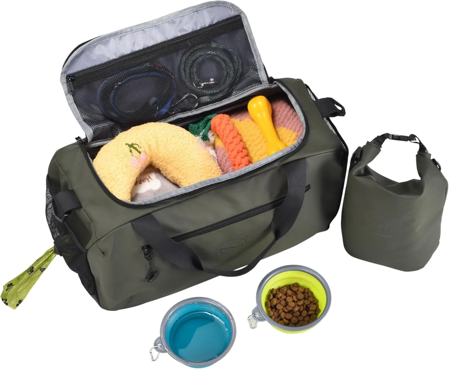 2-in-1 Dog Travel Organizer – Stylish Main Bag with Accessory Compartments & Detachable Kibble Bag | Waterproof, Airline-Approved, Travel-Ready Design for Dog Essentials