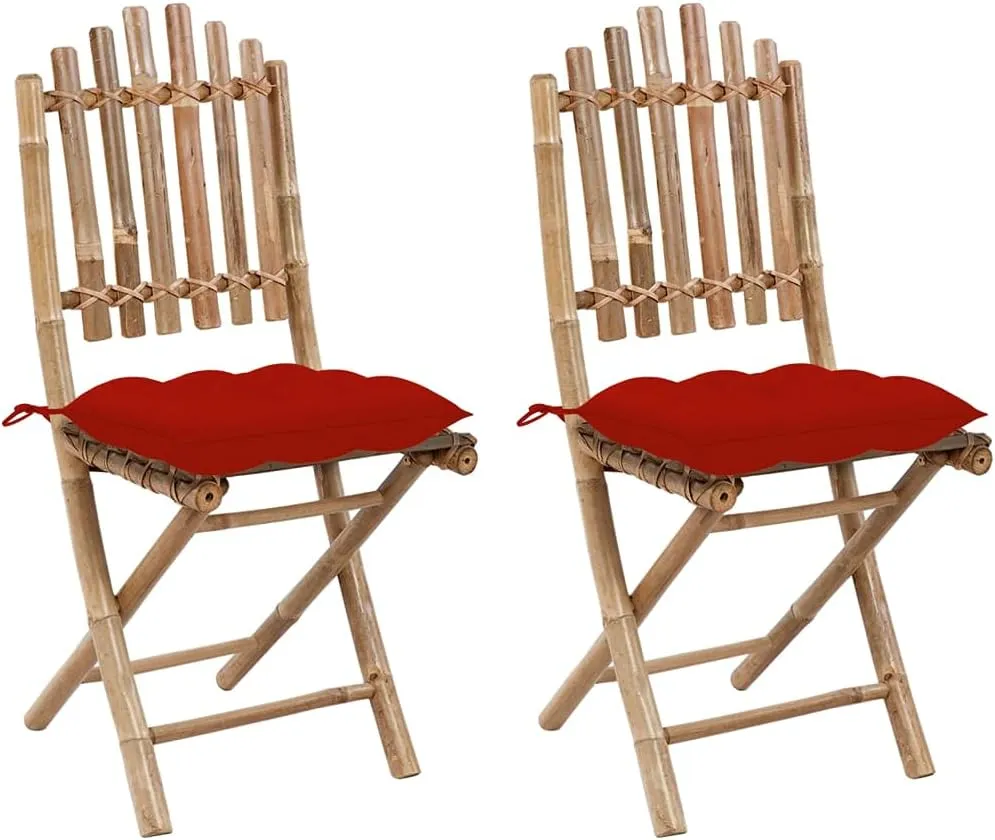 2-Pack Bamboo Folding Patio Chairs with Red Cushions Outdoor Furniture Set, Foldable Garden Chairs for Poolside Lounging, Backyard Dining, Beach Camping (19.7"x16.5"x36.2")