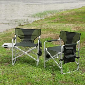 2 Pack Camping Chair, Padded Folding Outdoor Chair with Side Table and Storage Pockets, Lightweight Oversized Directors Chair Fishing Chair for Picnics, BBQ, Beach, Backyard, Party, Patio, Lawn, Green