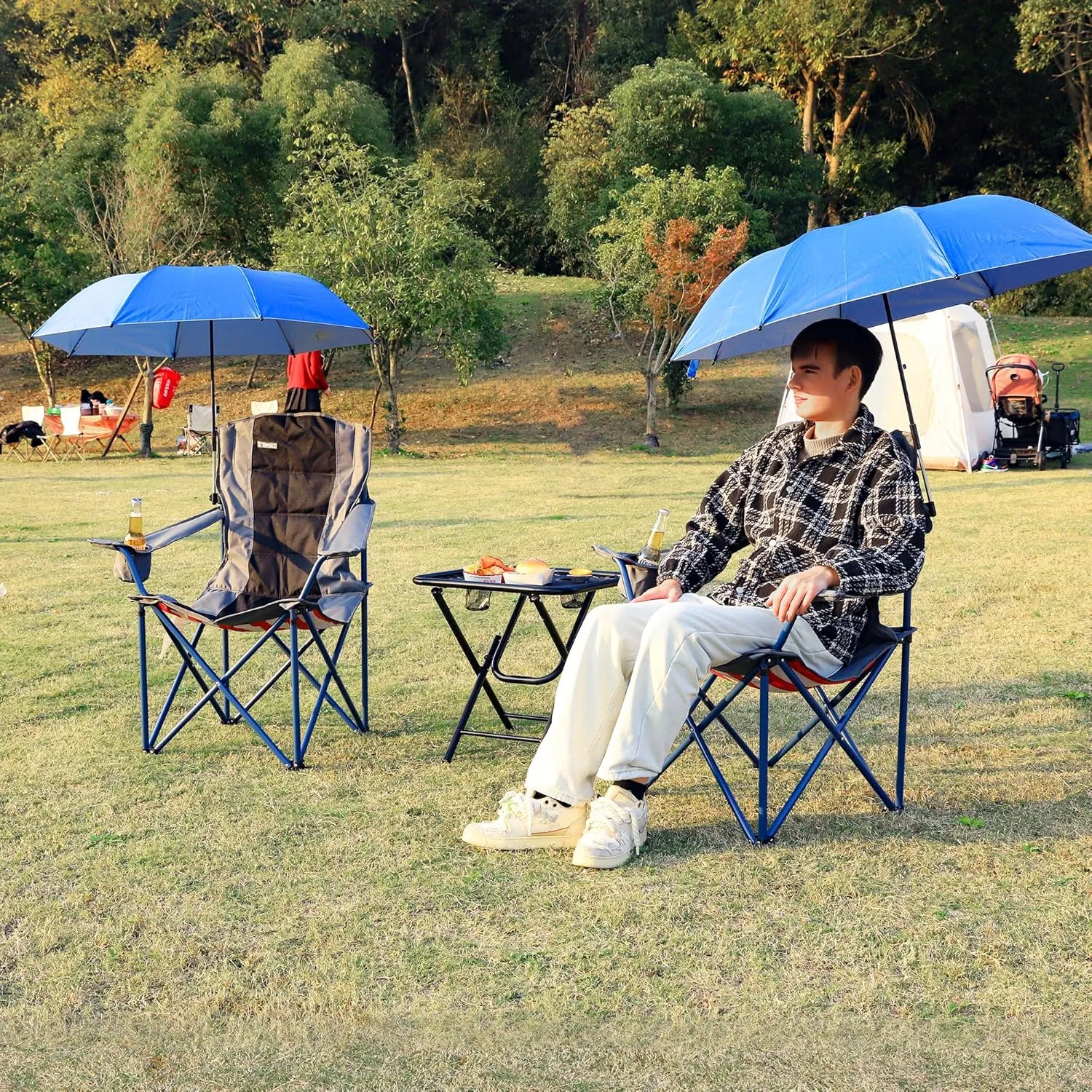 2 Pack Camping Chairs with Adjustable Umbrella-Folding Lawn Chair with American Flag Backrest-Heavy Duty Padded Camping Chair for Beach,Black