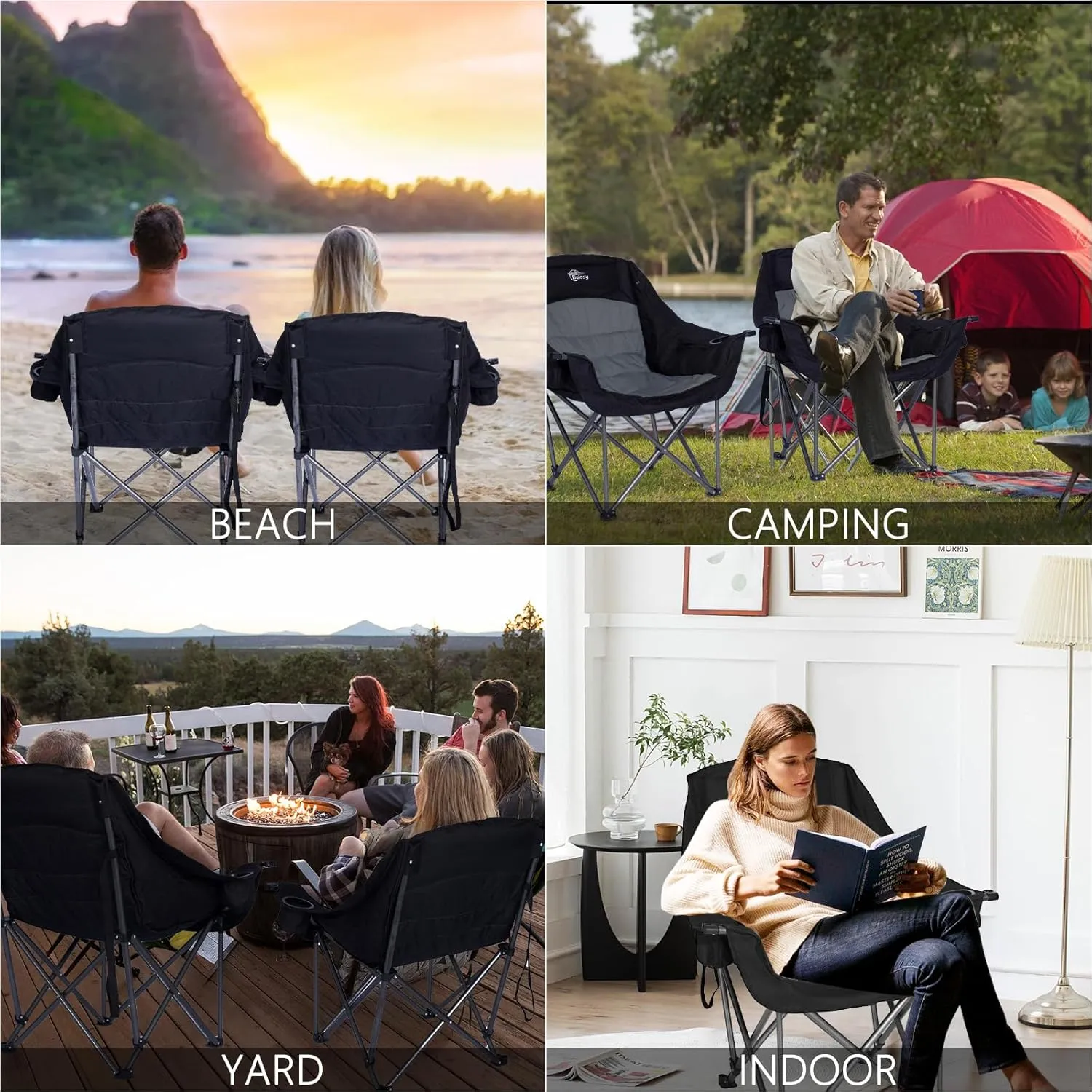 2 Pack Oversized Camping Chairs for Adults Heavy Duty Outdoor Folding Chairs Padded Portable Lawn Chairs XL Camp Chairs with Cup Holder Suproot 500 lbs