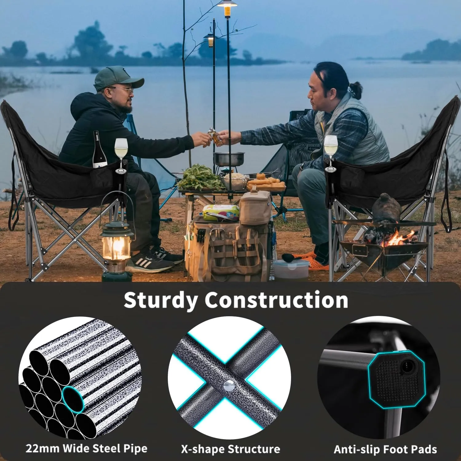 2 Pack Oversized Camping Chairs for Adults Heavy Duty Outdoor Folding Chairs Padded Portable Lawn Chairs XL Camp Chairs with Cup Holder Suproot 500 lbs
