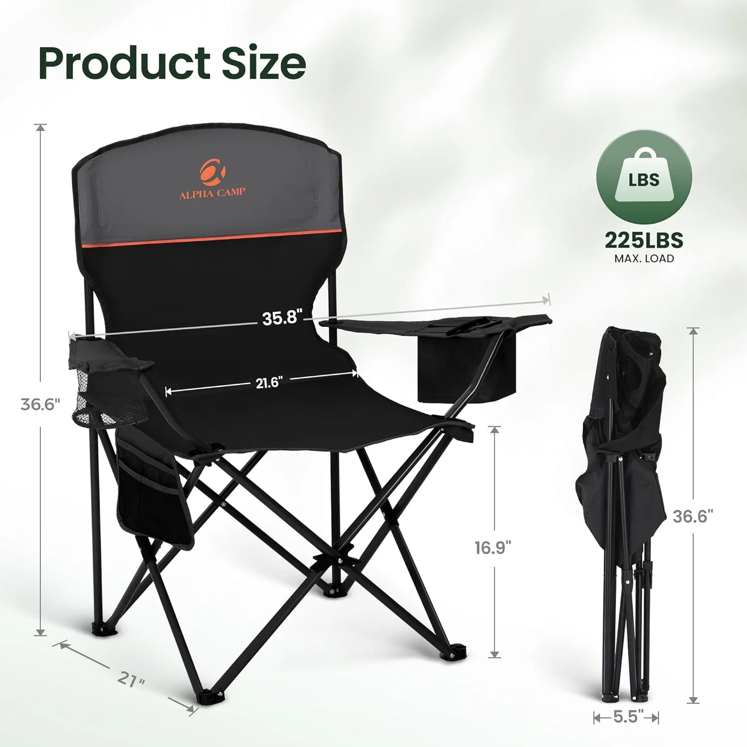 2 Pack Portable Camping Chair for Adults, Folding Outdoor Camp Chair Lightweight Lawn Chairs Folding Collapsible Chair for Camping, Tailgates, Beach, Black, Support 225lbs