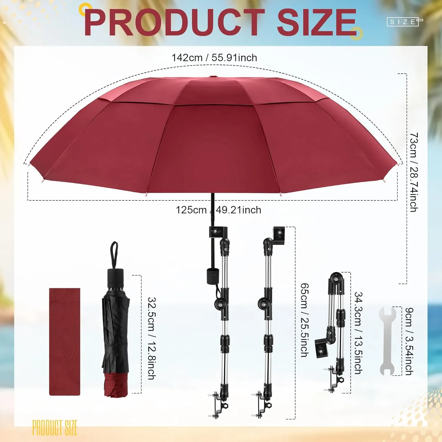 2 Pcs Large Double Canopy Beach Umbrella with Adjustable Clamp Inverted Golf Portable Compact Sun Umbrella for Chair Stroller Golf Cart Patio Fishing