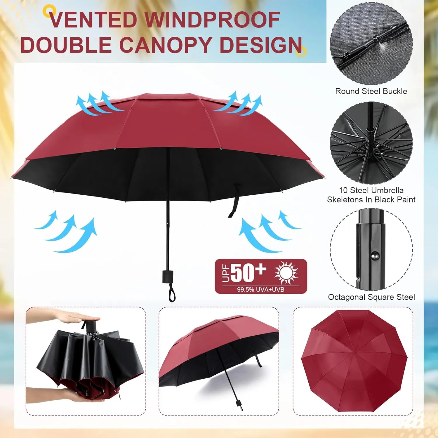 2 Pcs Large Double Canopy Beach Umbrella with Adjustable Clamp Inverted Golf Portable Compact Sun Umbrella for Chair Stroller Golf Cart Patio Fishing