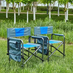 2-Piece Padded Folding Outdoor Chair with Storage Pockets, Oversized Lightweight Directors Chair for Camping, Picnics, and Fishing, Blue/Grey