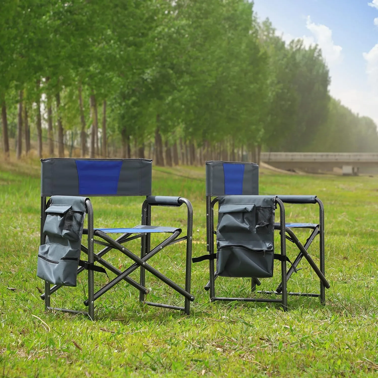 2-Piece,Padded Folding Chair,Lightweight Oversized Outdoor Chair,with Side Table and Storage Pockets for Indoor,Outdoor Camping,Picnics,Fishing,Blue Grey