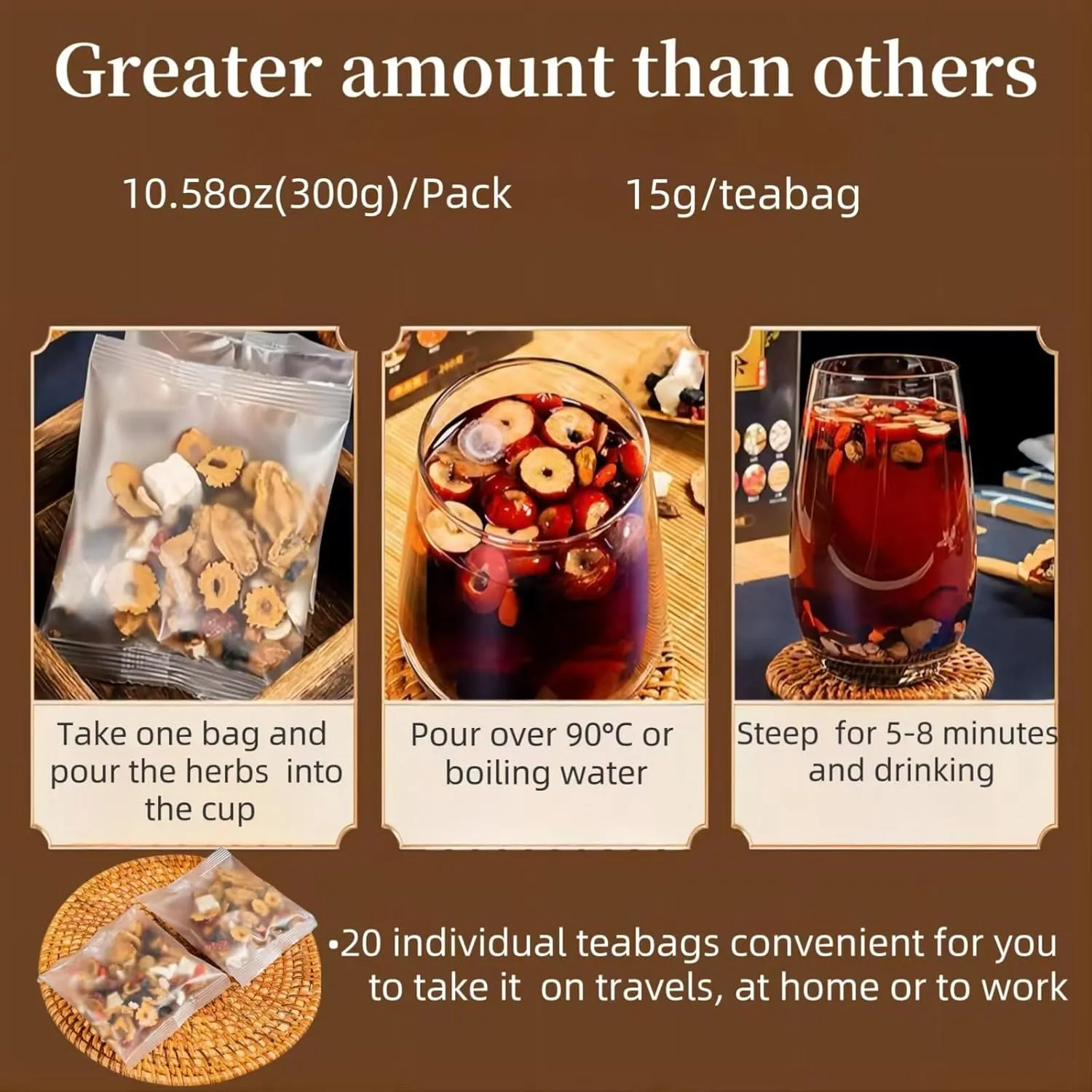 20 Pack Organic Kidney Tea Ginseng Wolfberry Mulberry Blend,KidneyTea Formula Ginseng 8 Treasure Tea for Men & Women,ginseng 5 treasure tea,100% Plant-Based (300g/Bag)
