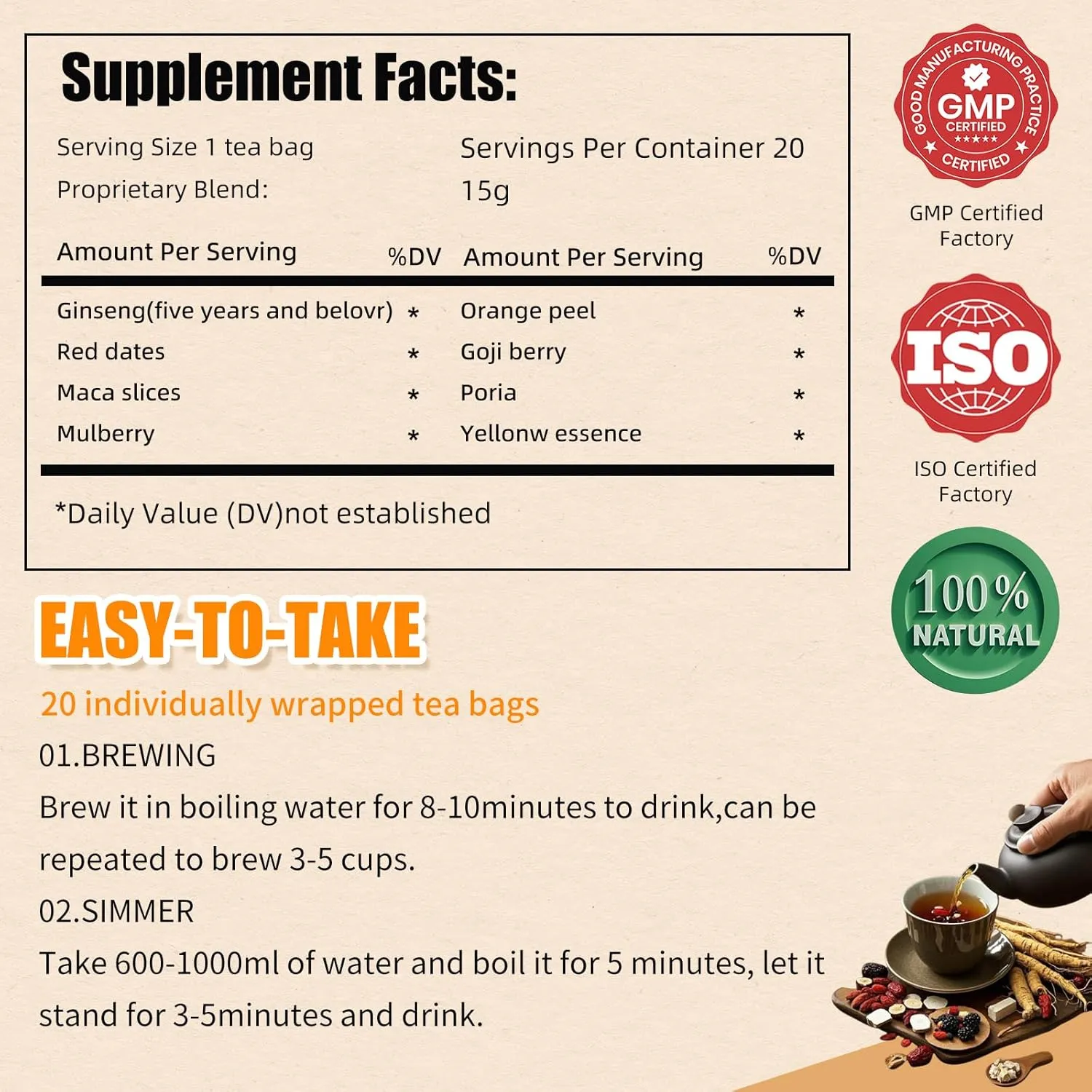 20 Pack Organic Kidney Tea Ginseng Wolfberry Mulberry Blend,KidneyTea Formula Ginseng 8 Treasure Tea for Men & Women,ginseng 5 treasure tea,100% Plant-Based (300g/Bag)
