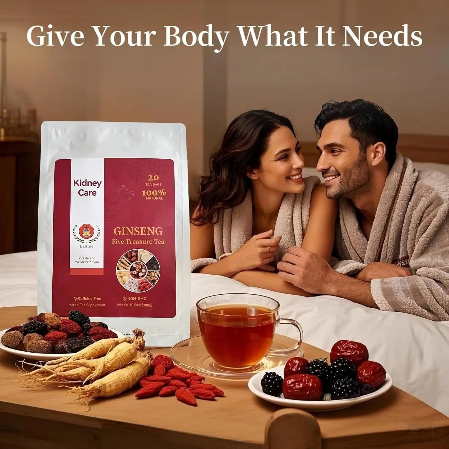 20 Pack Organic Kidney Tea Ginseng Wolfberry Mulberry Blend,KidneyTea Formula Ginseng 8 Treasure Tea for Men & Women,ginseng 5 treasure tea,100% Plant-Based (300g/Bag)