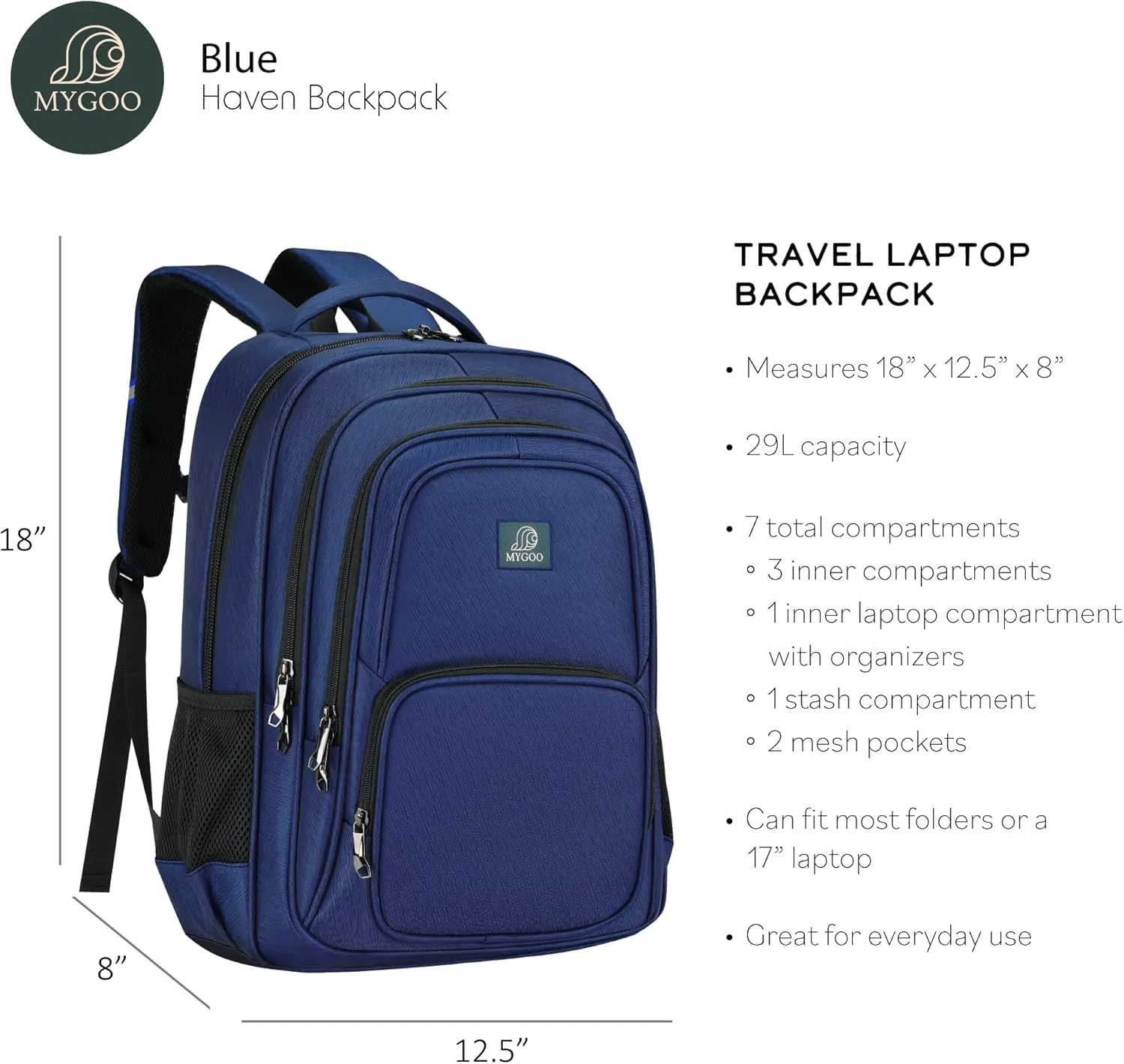 29L Navy Blue Work Backpack | Premium Laptop Bag with USB Port for College Student Teacher | Navy Blue