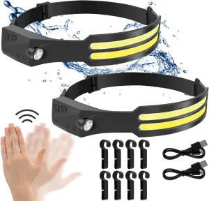 2Pcs Headlamp Flashlight 650LM IPX5 Waterproof LED COB Headlamp Motion Sensor Headlight Lightweight LED Strip Head Light 1200mAh USB Rechargeable Head-Mounted COB Floodlight 6 Modes(2PCS)