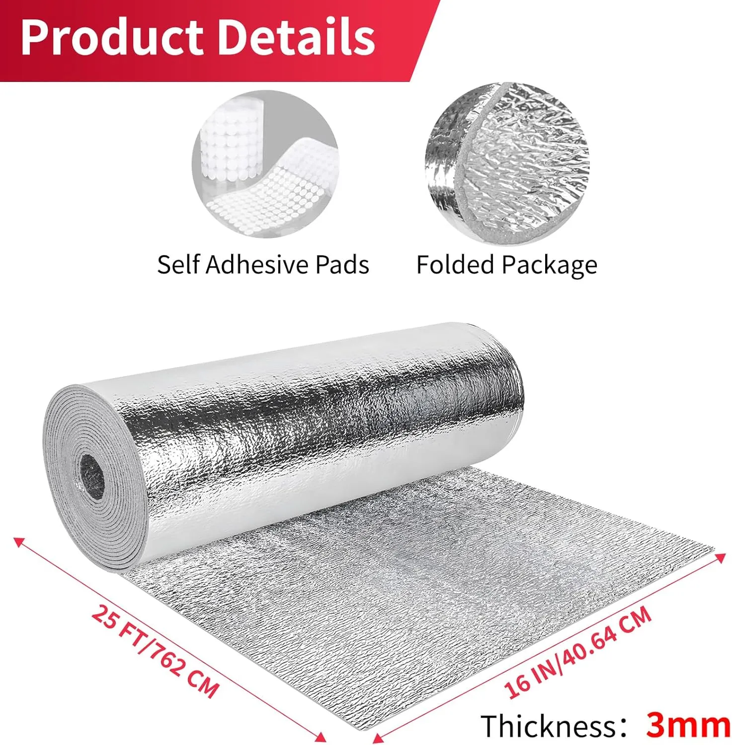 3 MM Reflective 16" X 25' Double-Sided Aluminium Insulation Foam Blanket Barrier, Thermal Shield Pearl Cotton Velcro, for RV Window Garage Door Summer Heat