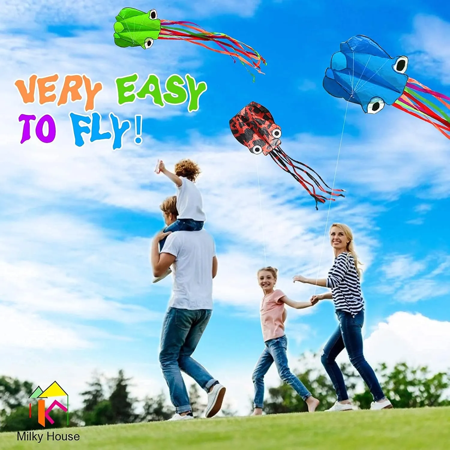 3 Pack Octopus Kite - 3D Beach Kites for People & Kids (Blue, Green, Red) - Easy to Fly, Kite Kit with 100M String