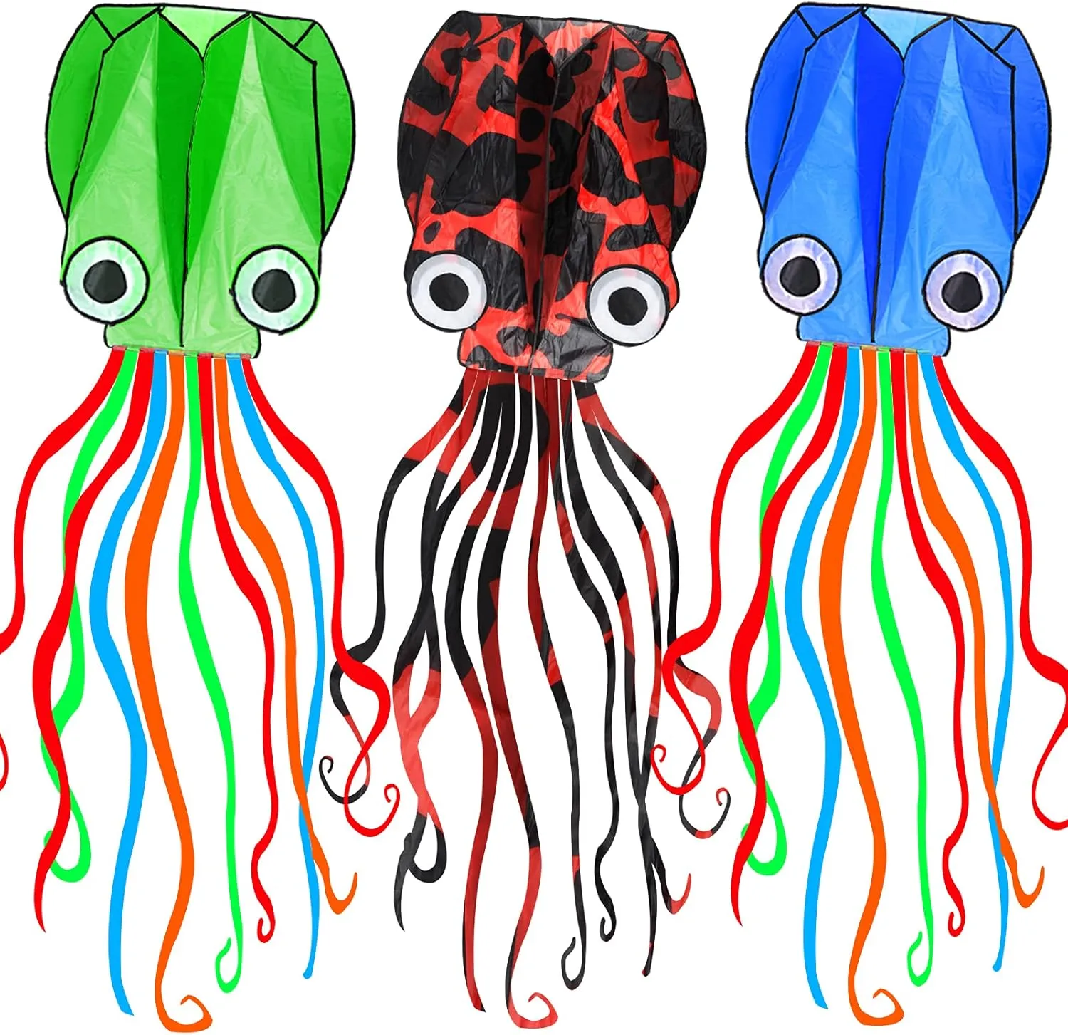 3 Pack Octopus Kite - 3D Beach Kites for People & Kids (Blue, Green, Red) - Easy to Fly, Kite Kit with 100M String