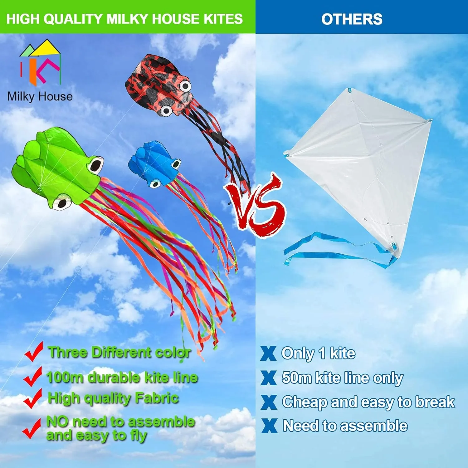 3 Pack Octopus Kite - 3D Beach Kites for People & Kids (Blue, Green, Red) - Easy to Fly, Kite Kit with 100M String