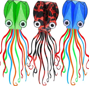 3 Pack Octopus Kite - 3D Beach Kites for People & Kids (Blue, Green, Red) - Easy to Fly, Kite Kit with 100M String