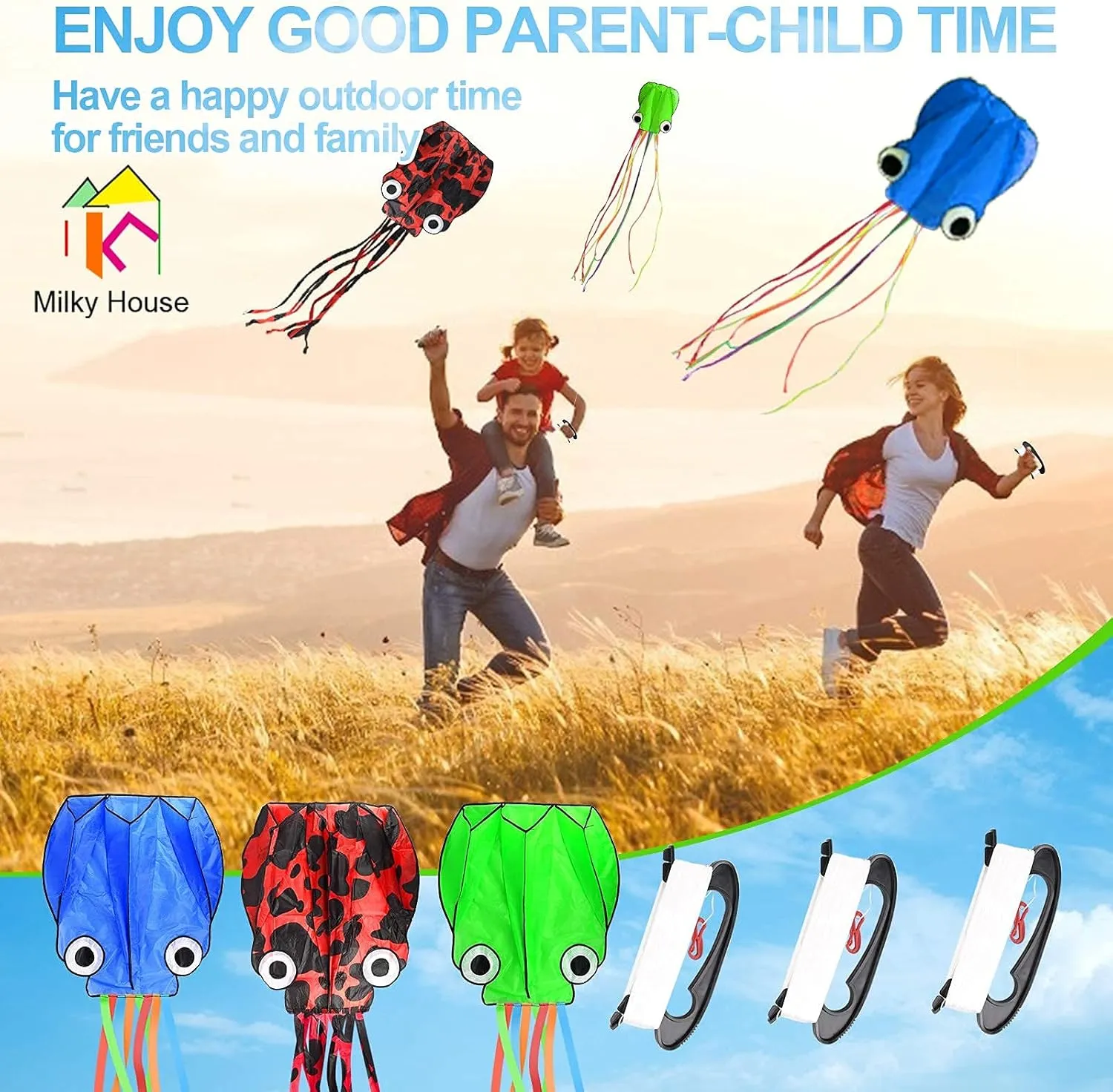 3 Pack Octopus Kite - 3D Beach Kites for People & Kids (Blue, Green, Red) - Easy to Fly, Kite Kit with 100M String