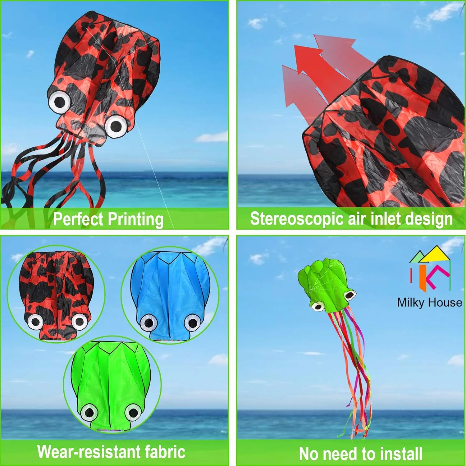 3 Pack Octopus Kite - 3D Beach Kites for People & Kids (Blue, Green, Red) - Easy to Fly, Kite Kit with 100M String