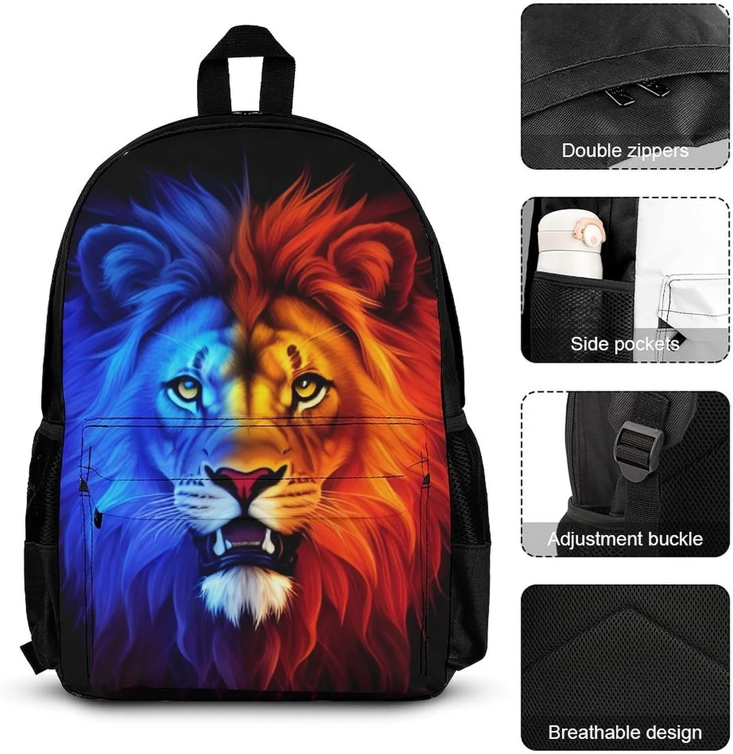 3 Piece Backpack Big Capacity Shoulder Bag Backpack for Outdoors Walking Cycling - Cool Lion In The Universe Surreal Style Art, for Adult