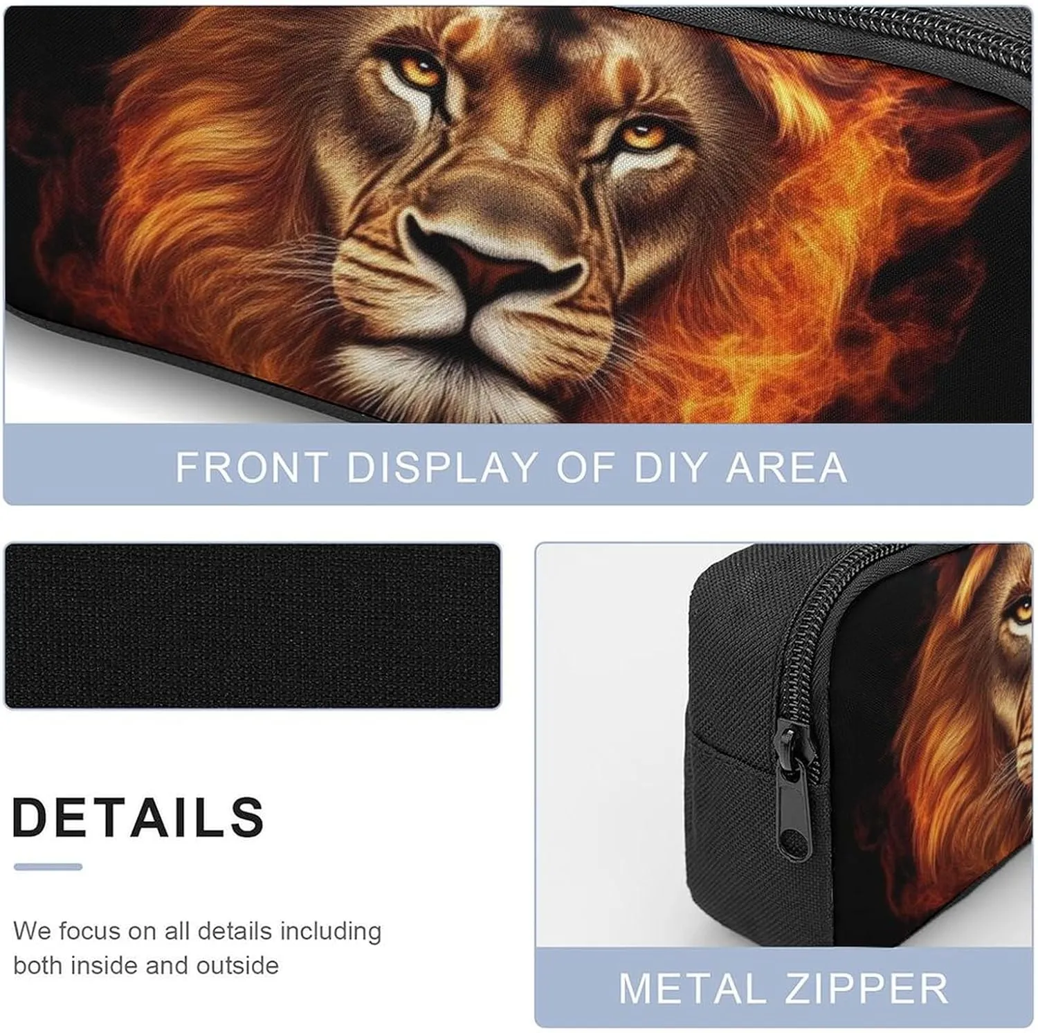 3 Pieces Mens Backpack with Reusable Insulated Lunch Bag Pencil Case Cool Flaming Lion Fire Art 17 Inch Travel College Daypack Stationery Pouch