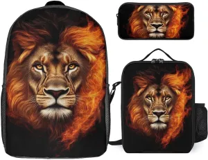 3 Pieces Mens Backpack with Reusable Insulated Lunch Bag Pencil Case Cool Flaming Lion Fire Art 17 Inch Travel College Daypack Stationery Pouch