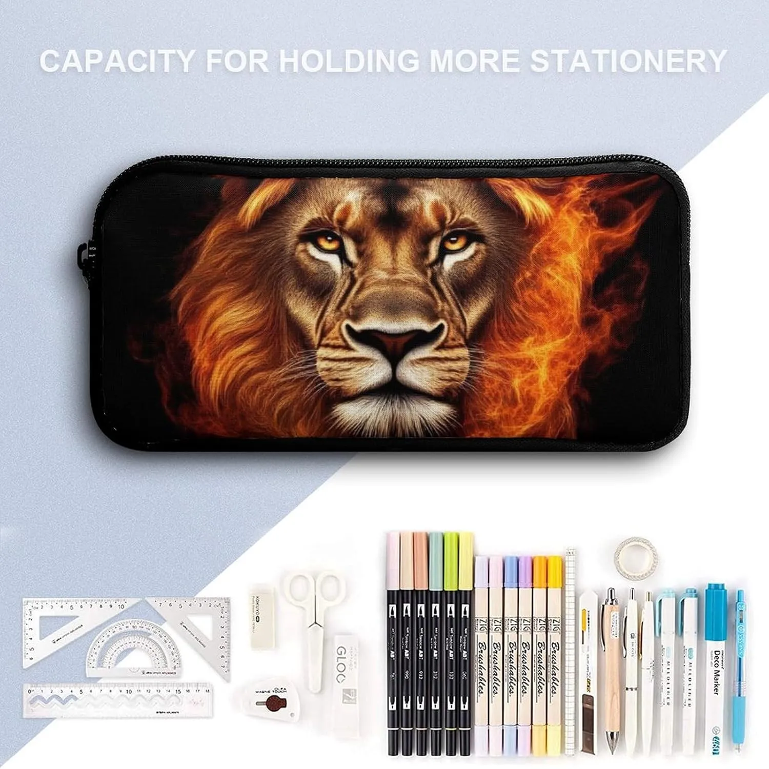 3 Pieces Mens Backpack with Reusable Insulated Lunch Bag Pencil Case Cool Flaming Lion Fire Art 17 Inch Travel College Daypack Stationery Pouch