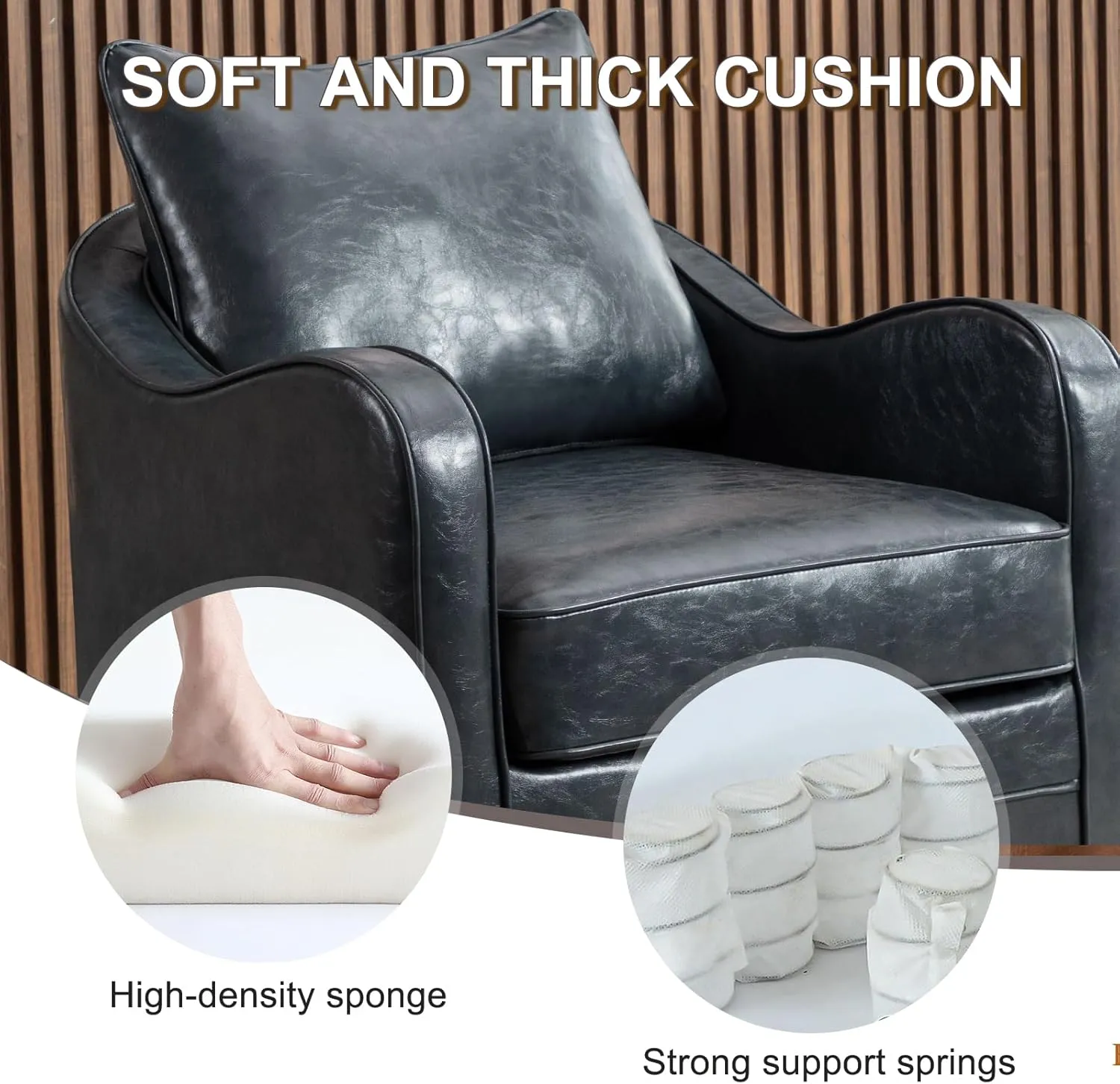 360 Degree Swivel Barrel Chair with Plump Back Pillow, Waterproof Oil Waxed PU Leather Swivel Accent Chair with Curved Arms, Comfy Vintage Round Arm Chair for Living Room