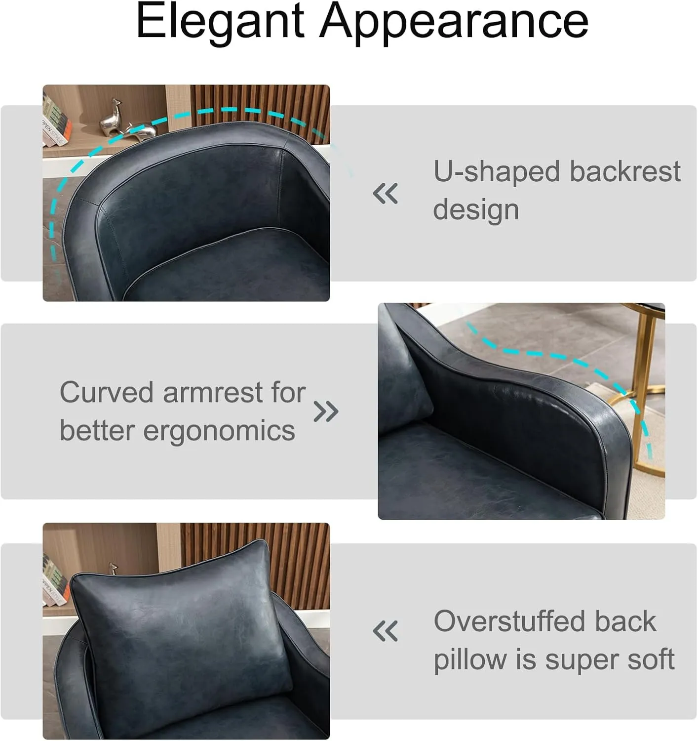360 Degree Swivel Barrel Chair with Plump Back Pillow, Waterproof Oil Waxed PU Leather Swivel Accent Chair with Curved Arms, Comfy Vintage Round Arm Chair for Living Room