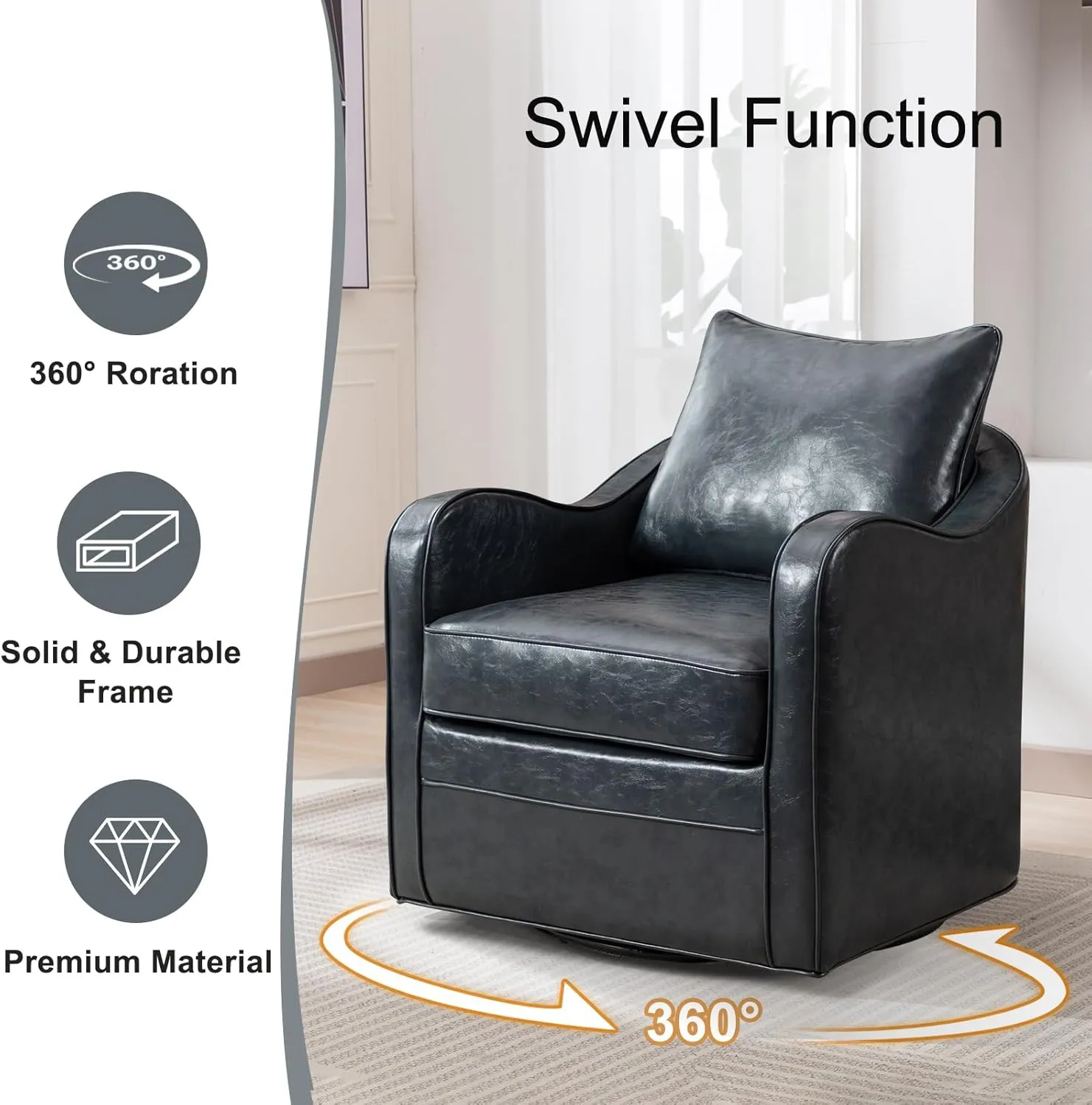 360 Degree Swivel Barrel Chair with Plump Back Pillow, Waterproof Oil Waxed PU Leather Swivel Accent Chair with Curved Arms, Comfy Vintage Round Arm Chair for Living Room