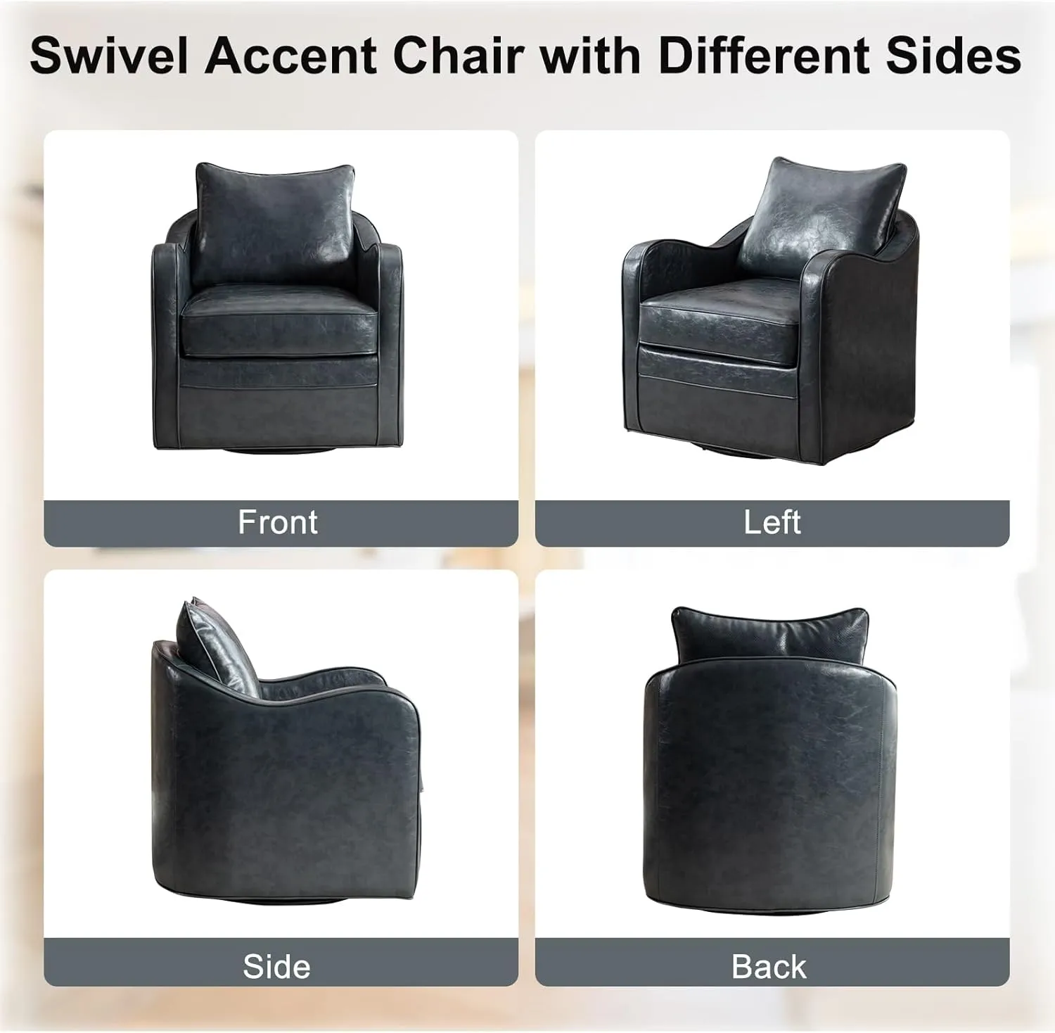 360 Degree Swivel Barrel Chair with Plump Back Pillow, Waterproof Oil Waxed PU Leather Swivel Accent Chair with Curved Arms, Comfy Vintage Round Arm Chair for Living Room