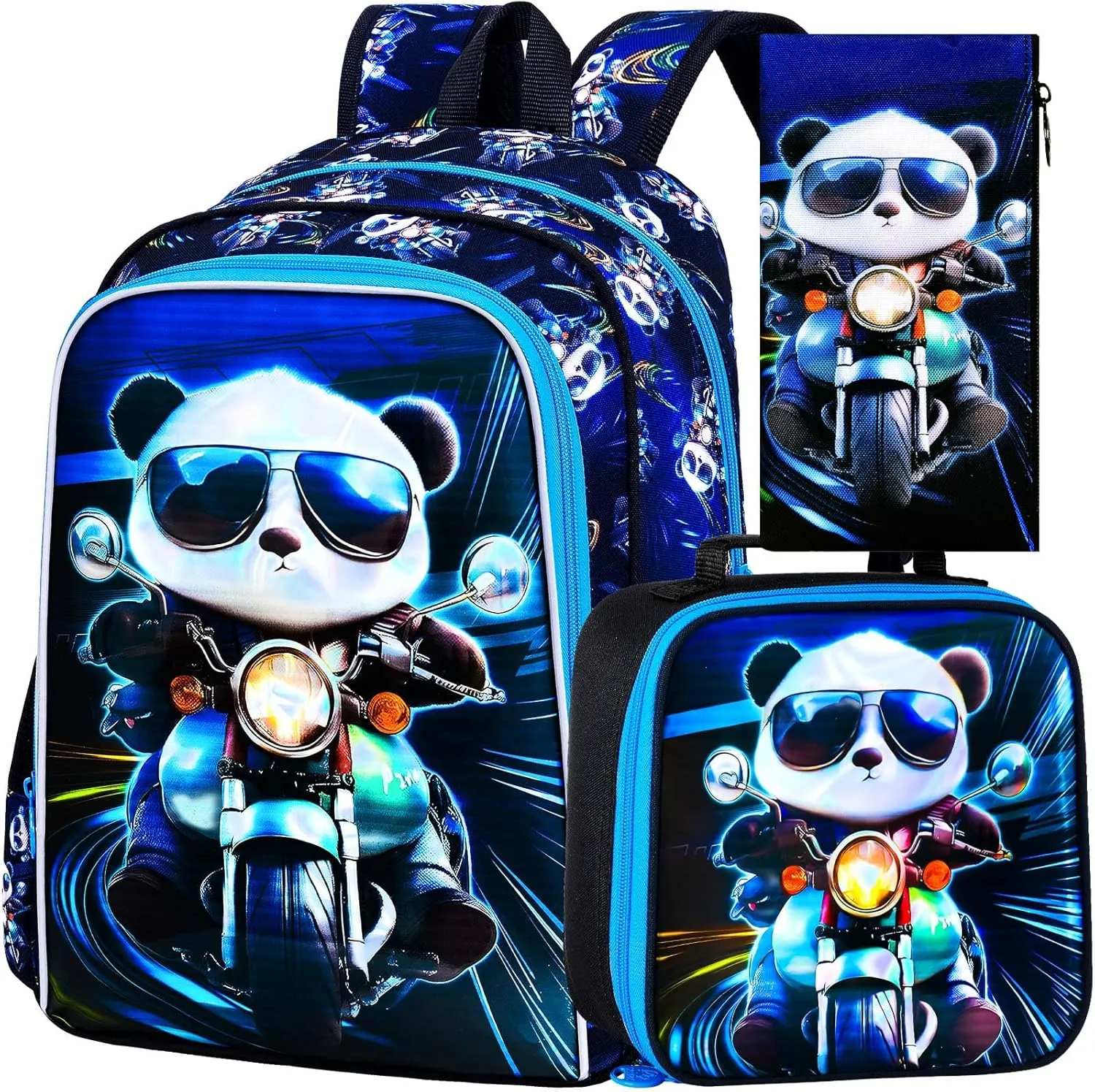 3PCS Backpack for Boys, 16'' Kids Panda Preschool Bookbag with Lunch Box, Cool Animal Water Resistant School Backpacks for Elementary Kindergarten Travel