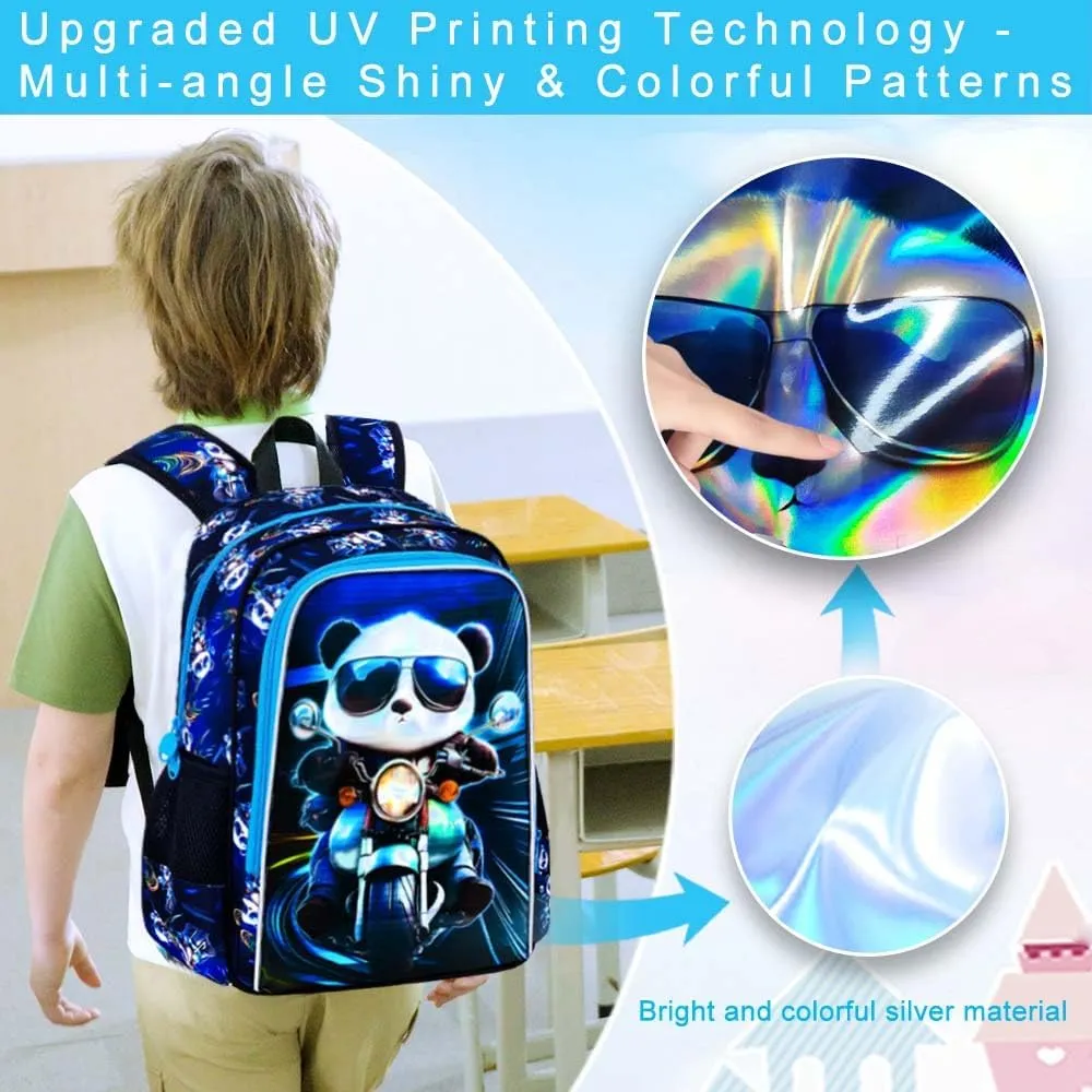3PCS Backpack for Boys, 16'' Kids Panda Preschool Bookbag with Lunch Box, Cool Animal Water Resistant School Backpacks for Elementary Kindergarten Travel